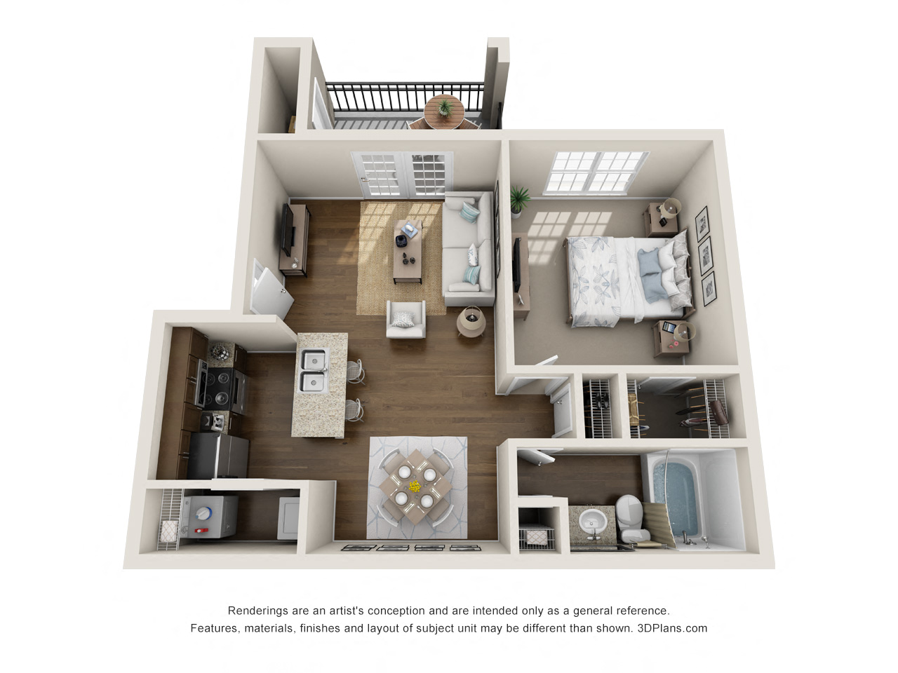 Floor plan for 1 bed, 1 bath, 650 sqft